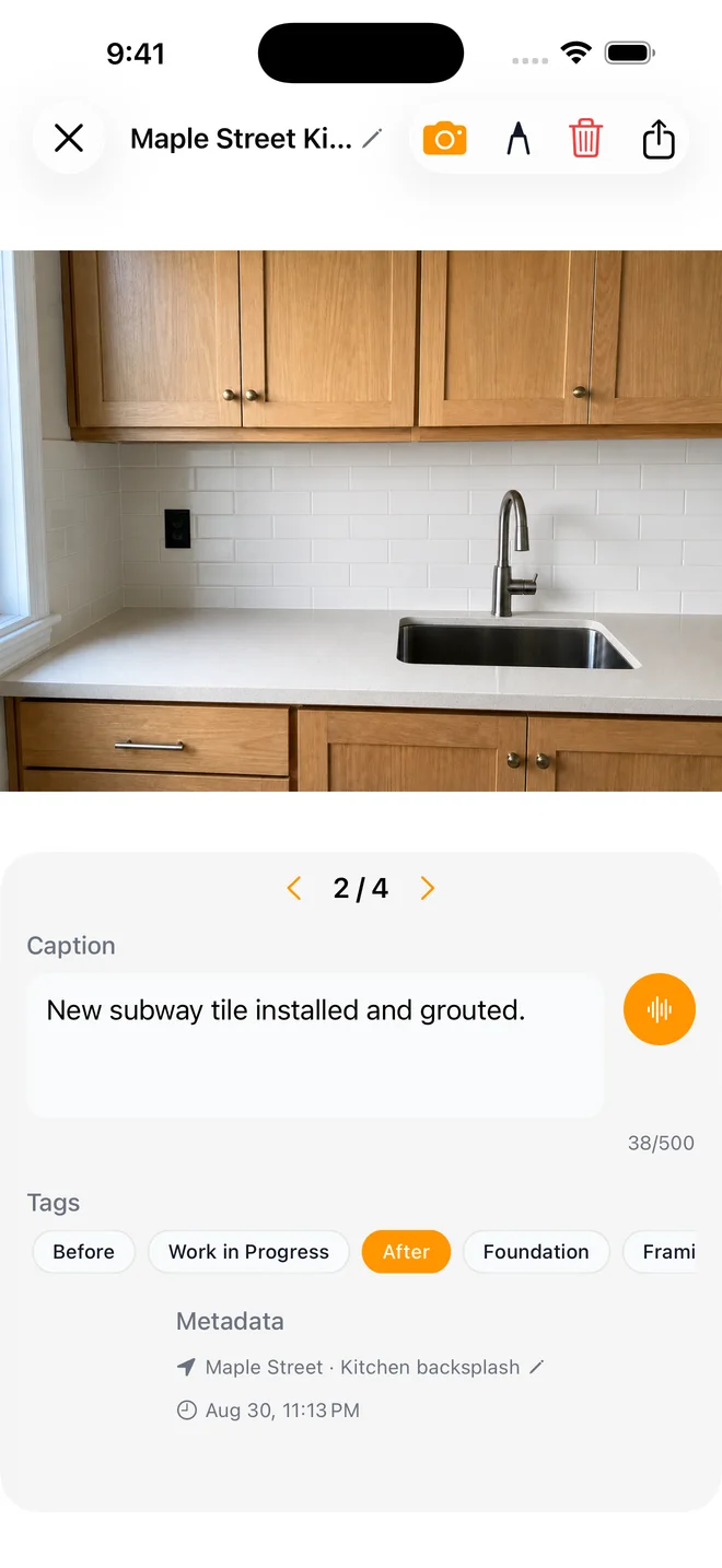 SiteGrid photo editor with After selected and a caption describing the finished repair