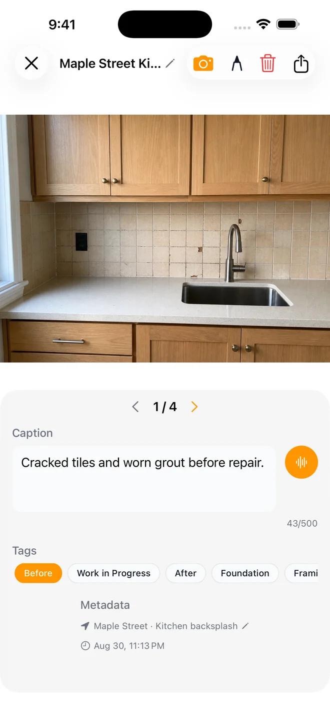 SiteGrid photo editor showing the damaged backsplash and a Before tag