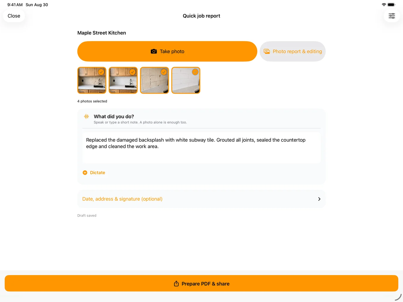 SiteGrid running on an iPad in landscape with the quick job report, selected photos and work note