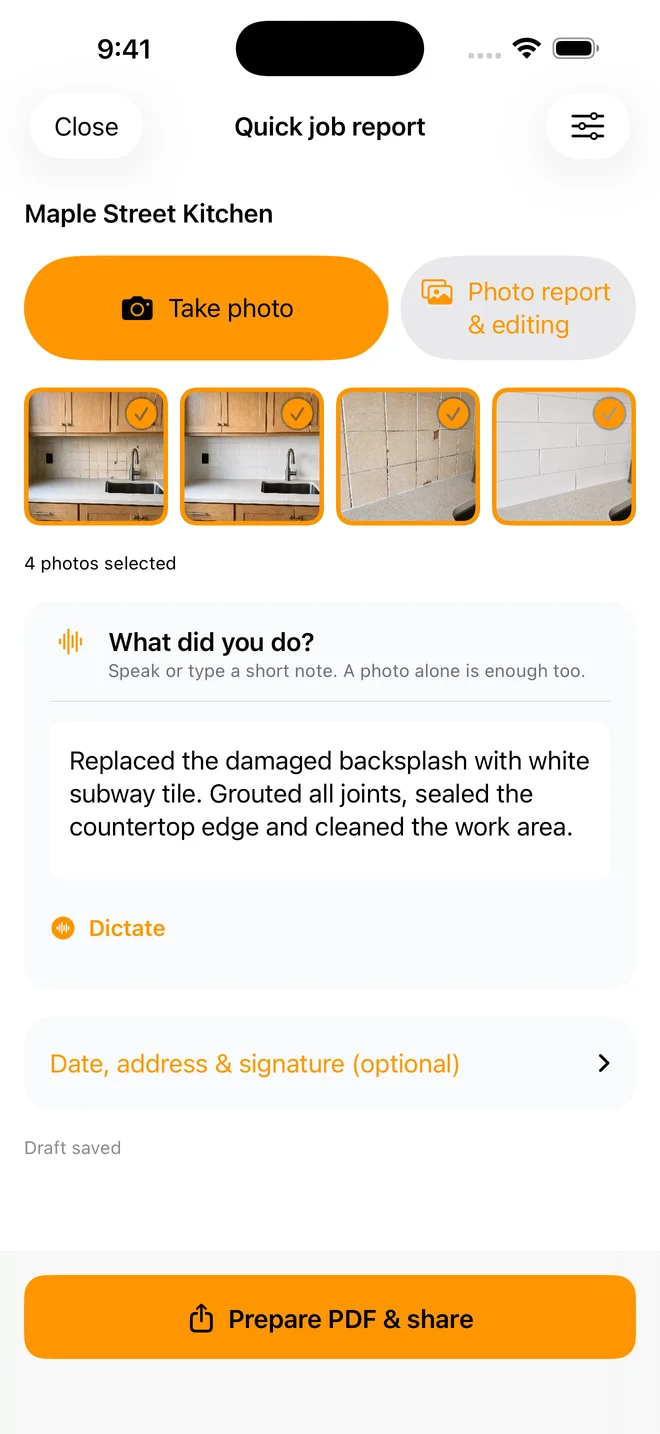 SiteGrid quick job report with four selected kitchen photos, a short work note and the Prepare PDF and share button